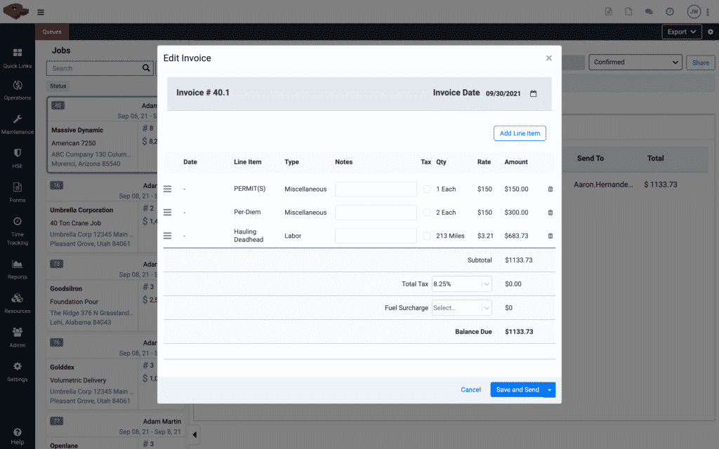 Redlist Invoice User Interface Screenshot